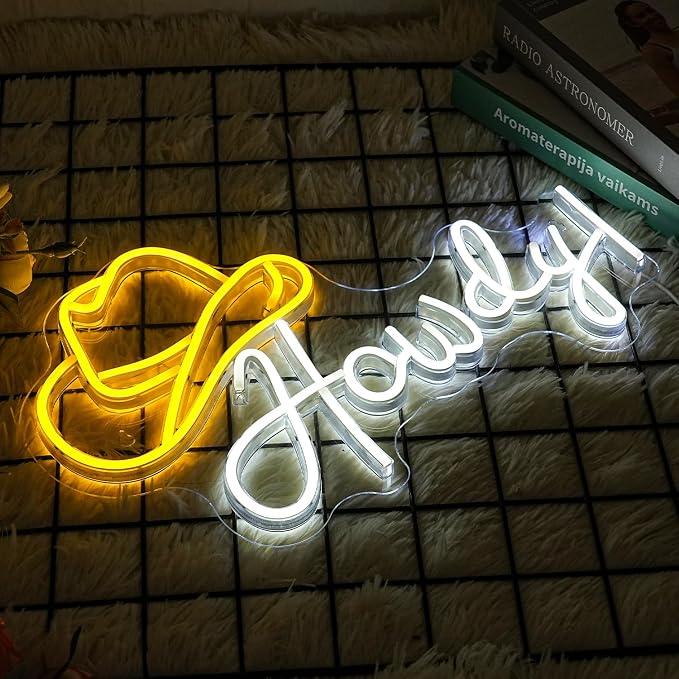 Cowboy Hat Neon Sign Howdy Cowboy Neon Signs Cool LED Neon Lights Dimmable Neon Signs USB Powered for Gameroom, Man Cave Beer Bar Cafe Recreation Room(Yellow White)