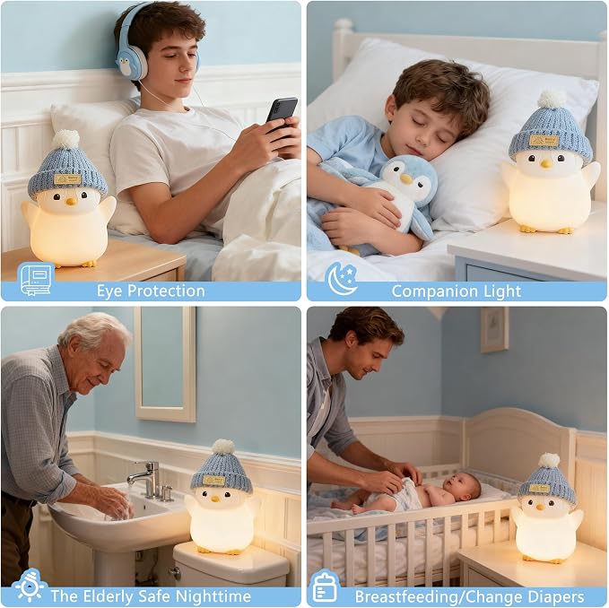 FAMIDUO Pink Penguin Night Light,Cute Penguin Lamp with Hat for Kids/Mom | Squishy Silicone Nursery Nightlight, Rechargeable/Dimmable/Timer,LED Novelty Animal Bedside Light,Funny Gifts for Baby/Boys