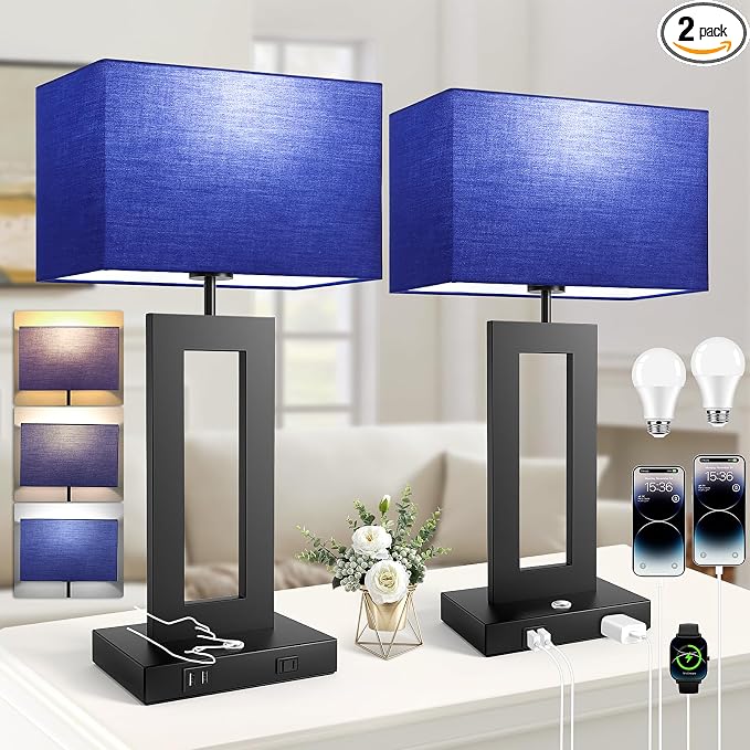 3 Color Temperatures Table Lamps for Bedrooms Set of 2, 22’’ Touch Control Bedside Nightstand Lamps with 2 USB Ports & AC Outlet, Stepless Dimmable Lamps with Blue Shade, Modern Decor for Living Room