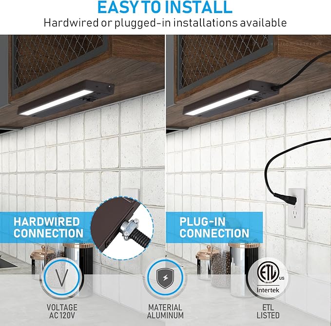 TORCHSTAR 12 Inch LED Under Cabinet Lighting 3CCT, ETL, 8W 540LM, Hardwired & Plug-in, 3 Color Selectable CRI90 120V Dimmable Under Counter Lights for Kitchen, Bronze Aluminum Housing, 4 Pack