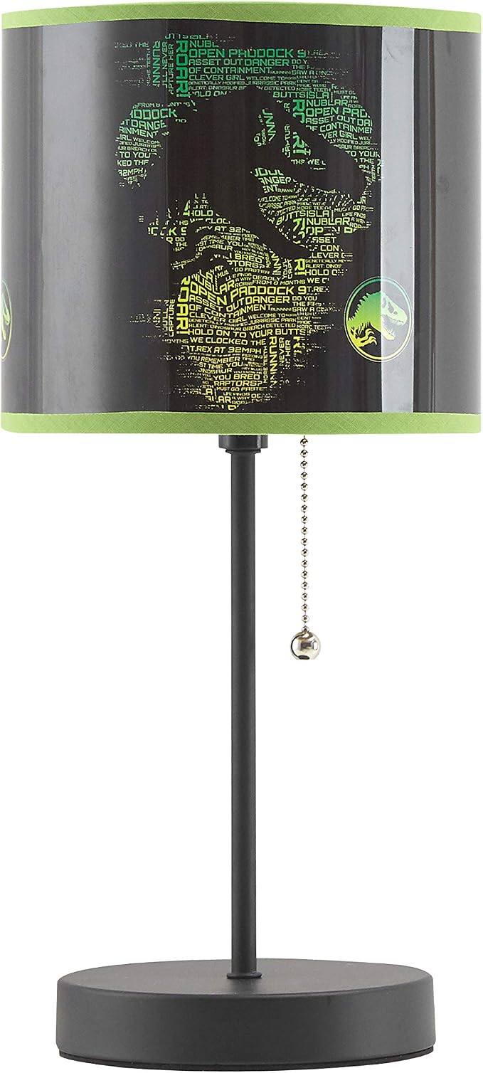 Jurassic World Stick Table Kids Lamp, with Pull Chain, Themed Printed Decorative Shade,Metal