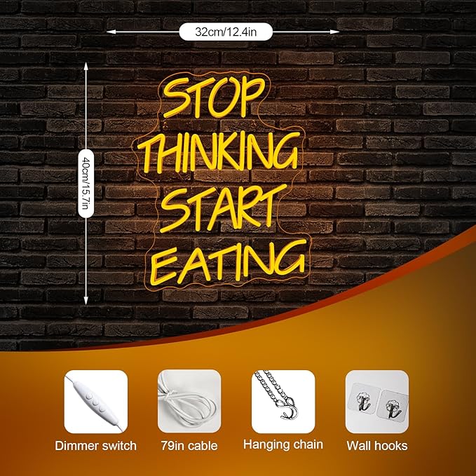 Stop Thinking Start Eating Neon Sign - Fun LED Wall Decor for Restaurants, Kitchens & Food Lovers, USB-Powered with Adjustable Brightness, Humorous Dining Lighting