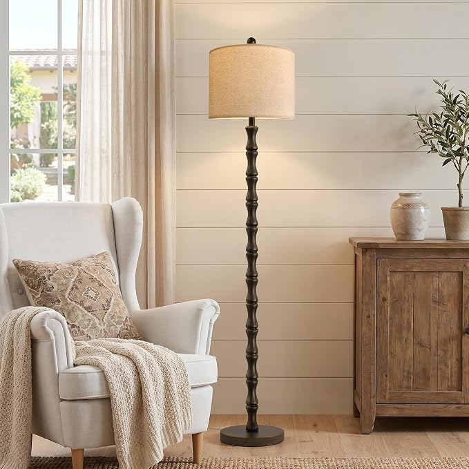 62" Farmhouse Floor Lamp for Living Room, Rustic Standing Lamp with Linen Shade and Rotary Switch, Resin Corner Floor Lamp for Bedroom, Dining Room, Office, Home Decor, Dark Brown