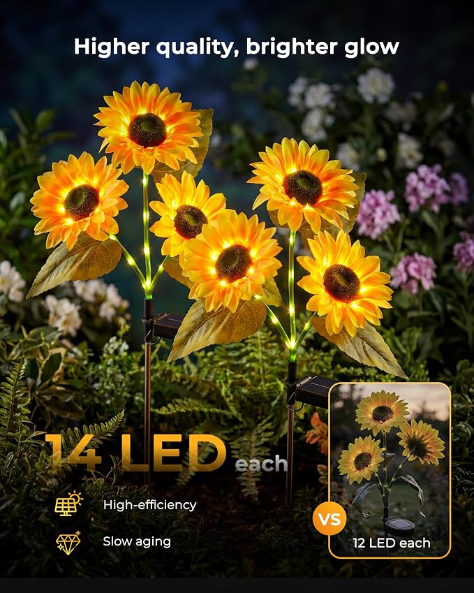 Brightown 6 Pack 3 Head Solar Sunflower Garden Stake Lights Waterproof | 18 glowing stem sunflowers, waterproof solar powered, auto on off decorative stakes for yard, patio, lawn outdoor decoration