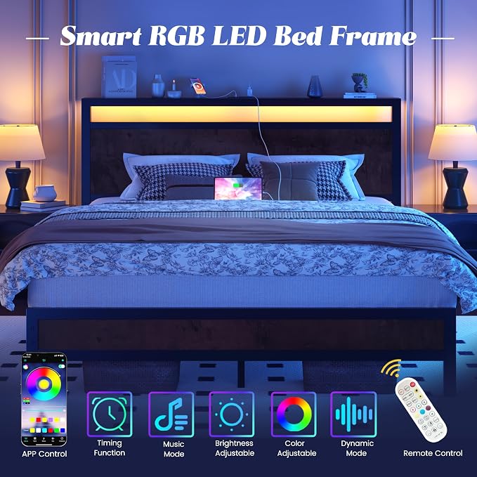 Fluest Queen Bed Frame with Headboard & Footboard, Bed Frame with Built-in Charging Station & LED Light, Storage Shelf, Noise-Free, No Box Spring Needed, Easy Assembly, Coffee Brown
