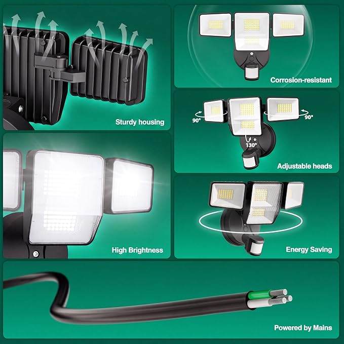 70W 7000LM Security Lights Outdoor, 4-Head LED Motion Sensor Flood Light, 6500K Daylight, IP65 Waterproof, 3 Modes for Yard Garage Porch (2)