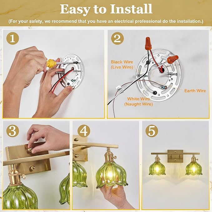 3-Light Vintage Bathroom Vanity Light, 19.4" Brass Hardwired Wall Sconce with Amber Tulip Glass Shades, Brushed Gold Vanity Light for Mirror, Restroom, Bedroom (Green, 2-Light)