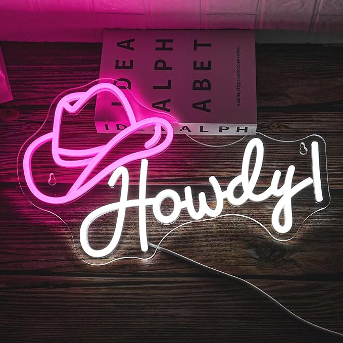 Cowboy Hat Neon Sign Howdy Cowboy Neon Signs Cool LED Neon Lights Dimmable Neon Signs USB Powered for Gameroom, Man Cave Beer Bar Cafe Recreation Room(Pink White)