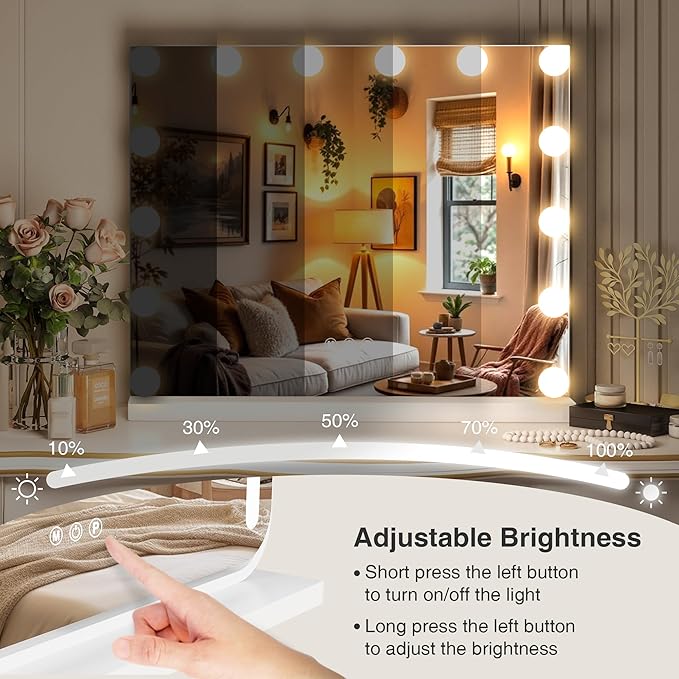 Vanity Makeup Mirror with Lights,Hollywood Vanity Mirror with 3 Color Modes,Lighted Vanity Mirror with Dimmable LED Bulbs &10X Magnification for Desk,Bedroom,Tabletop (White, 20.5" x 15.7")