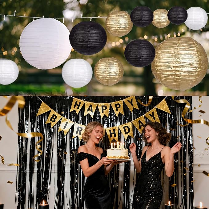 12Pcs Paper Lanterns 6”, 8”, 10”, 12”,Paperlanterns Party Decoration, Black White Gold Paper Lanterns for Wedding, Bridal, Birthday, Outdoor, Home, Garden, Holiday and Party.