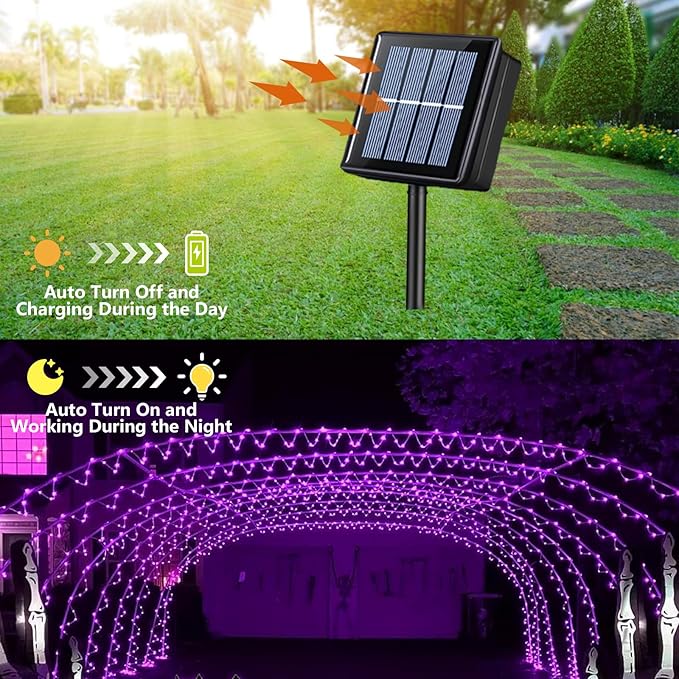 YEGUO Solar Rope Light Outdoor Waterproof, 66ft 200 LED Purple String Lights, 8 Modes Tube Christmas Lights in Clear Thin Tube