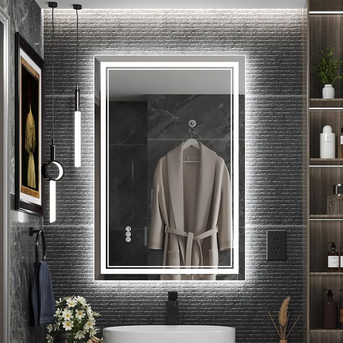 Ratsamee 24x36 Inch Led Mirror for Bathroom with Front Light and Backlit, Bathroom Mirror with Led Lights, Vanity Mirror with Lights for Wall, Anti-Fog, Dimmable, Memory Function, Tempered Glass