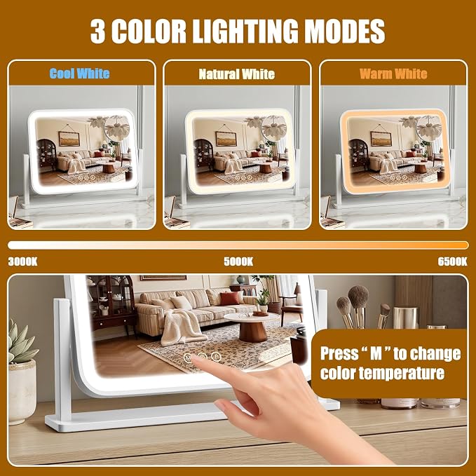 Vanity Mirror with Lights, 16.5"×12.2" LED Makeup Mirror, Rounded Frame, 10X Magnification, Smart Touch with 3-Color Lighting, Dimmable, 360° Rotation, Lighted Up for Makeup Desk, Bedroom (White)