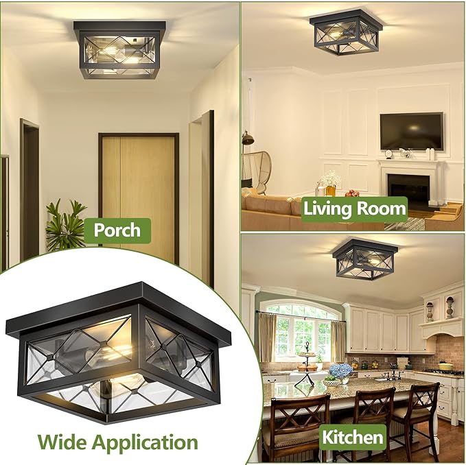 Asnxcju Farmhouse Light Fixtures Ceiling Mount, 2-Light Black Flush Mount Ceiling Light with Clear Glass Shade, Metal Cage Square Close to Ceiling Lamp for Bathroom Kitchen Porch (Bulbs Not Included)