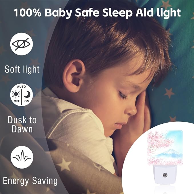 Cherry Blossoms with Mountain Fuji Night Light Plug into Wall, Watercolor Pink Flowers Dusk to Dawn Night Light,0.5w Energy Saving Sleep Friendly Nightlights for Kids Boys Girls Home
