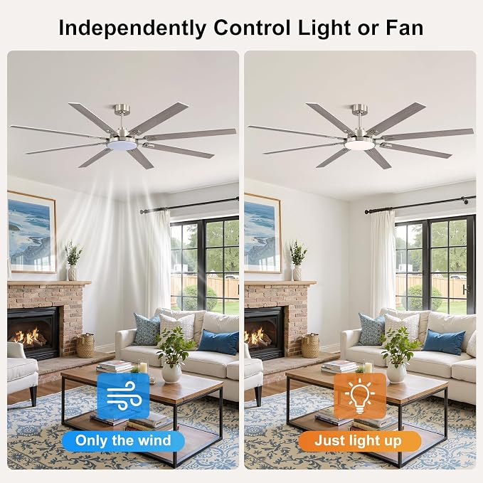 80 Inch Ceiling Fans with Lights and Remote, Bedroom Living Room Office Library Cafe Outdoor Industrial, 5CCT Dimmable, Dual Color 8 Blades, 6 Speed Reversible Quiet DC Motor, Sand-nickel/Wood Grain