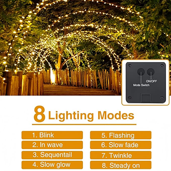 100FT 300 LED Solar Fairy Lights Outdoor Waterproof, Warm White | 8 Modes Solar Copper Wire Twinkle Lights with 6.5FT Lead Wire, Auto On/Off for Patio, Garden, Tree, Fence & Christmas Decor