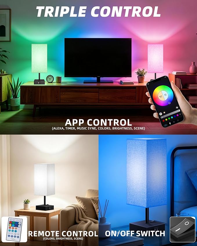 Smart RGB Dimmable Table Lamp Work with Alexa&APP&Remote Control, Gray | Bedside Desk Lamp with Charging Ports&Phone Stand, Music Sync Nightstand Lamp for Bedroom Living Room Office Dorm, 1Pack