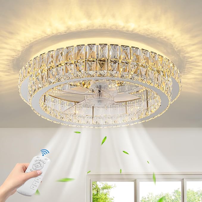 Fandelier Ceiling Fan with Lights and Remote Control Dimmable Crystal Ceiling Fan LED 3 Color 6 Speeds Chandelier Fan Bedroom Kitchen Living Room
