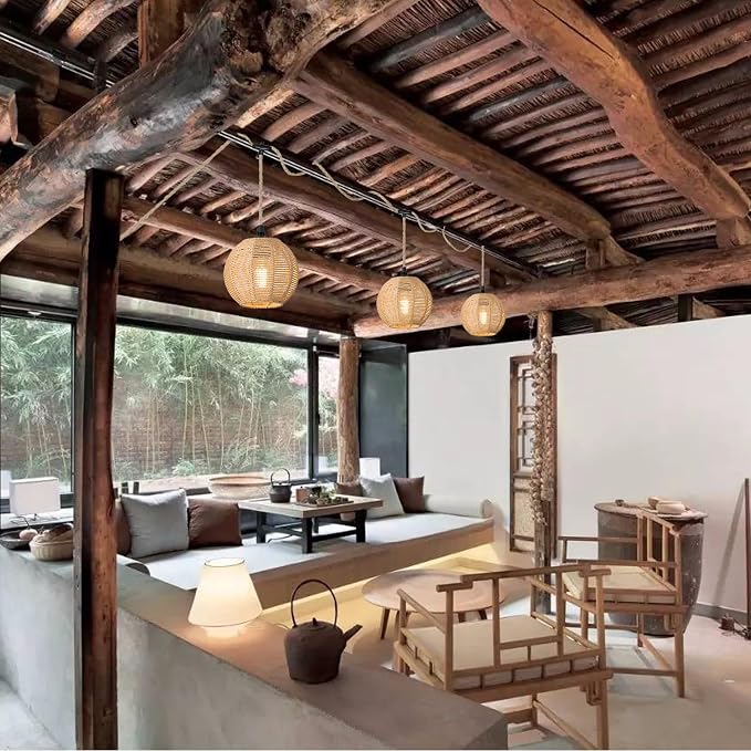 3 Lights Plug in Pendant Light with Cord On/Off Switch | Rattan Hanging Lamp with 22ft Hand Woven Wicker Plug in Chandelier Boho Hanging Lights Fixture