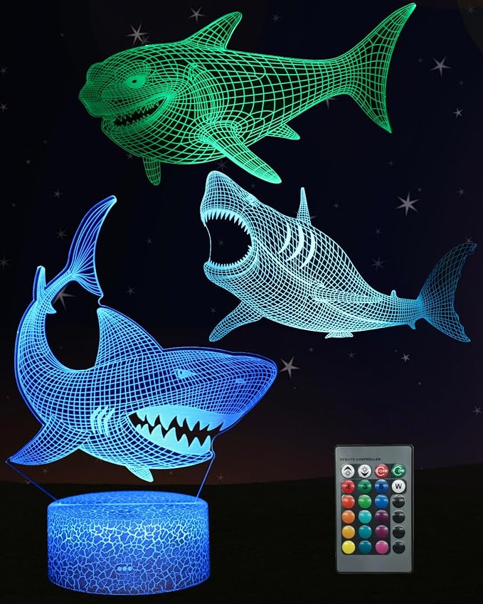 Shark 3D Illusion Night Light, 3 Patterns, Lamp for Boy Girl Kid | 16 Colors Changing, Dimmable, Touch & Remote Control, Room Bedroom Decor, Birthday Christmas Gift Toy Baby Toddler Teenage