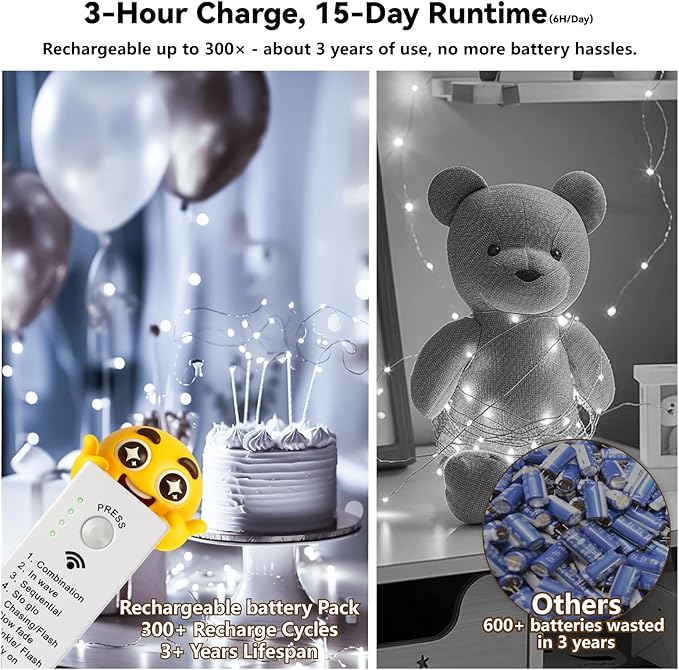 ZSJWL Rechargeable Fairy Lights with DIY Timer & 8 Modes, 16FT 50LED String Lights Battery Operated Indoor, Twinkle mini Lights for Bedroom Christmas Wedding Centerpiece Decor (White)