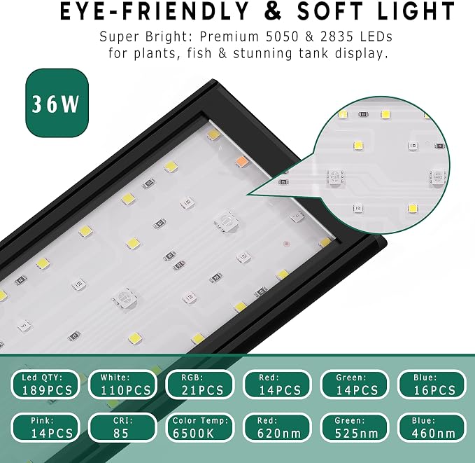 24/7 LED Aquarium Light for 46-56 Inch Plant & Fish Tank IP68, 12-Color & Gradient & Full Spectrum with Sunrise-Daylight-Moonlight, Auto On/Off, Brightness, Extendable Brackets for Freshwater