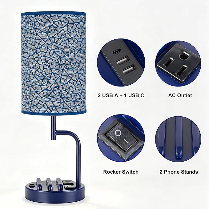 Dreamholder 2 Pack Table Lamp, Bedside Lamp with 3 USB Charging Ports & AC Outlet, USB Desk Lamp with 2 Phone Holders, Linen Fabric Shade Nightstand Lamps for Bedroom Living Room Office, Blue