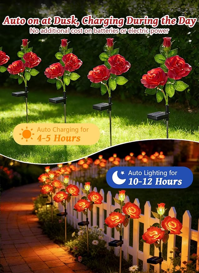 Brightown Solar Garden Lights, 4 Pack LED Rose Flower Lights Waterproof | Larger & Realistic Red Rose, Bigger Solar Panel, Waterproof Solar Lights Outdoor for Yard Garden Lawn Pathway Decorations