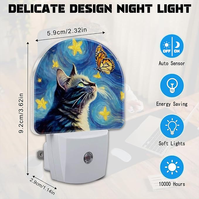 Cat and Butterfly Night Light for Kids, Starry Night Oil Painting Plug in Night Light with Dusk to Dawn Sensor, 0.5w Energy Saving Nightlight for Hallway Stairway Kitchen Bedroom