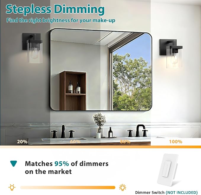 Set of 2 Wall Sconce, Square Design Morden Bathroom Lighting Fixtures with Clear Glass Shade, Matte Black Wall Lights for Living Room/Bedroom/Hallway/Porch