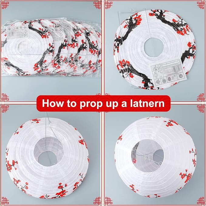 Mudder 20 Pack Chinese Japanese Paper Lanterns, Red Sakura Cherry Blossom Hanging Lantern Decorations, Asian Theme Party Supplies for Birthday Wedding Restaurant Home Decor, Traditional Style