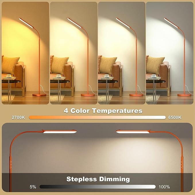 Yikuneng Dimmable LED Floor Lamp, Super Bright Reading Lamps Floor Standing lamp with Remote & Touch Control, Orange