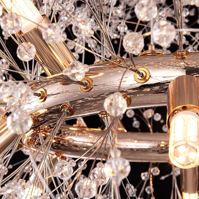 Wellmet Gold Crystal Chandelier 43.3 Inch 2 Tier Modern Firework Chandelier,Mid Century Round Ceiling Lighting for High Ceiling Light for Bedroom Dining Room,Kitchen,Living Room,Entryway,Hallway