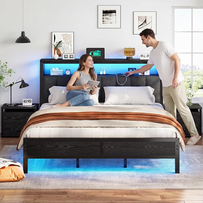 Homkdom King Bed Frame Upholstered Storage Headboard,Charging Station,Black | LED Lights, 12" Under-Bed Storage, 2 AC Outlet&2 USB, Noise-Free,Easy Assembly,No Box Spring Needed,1100 lbs