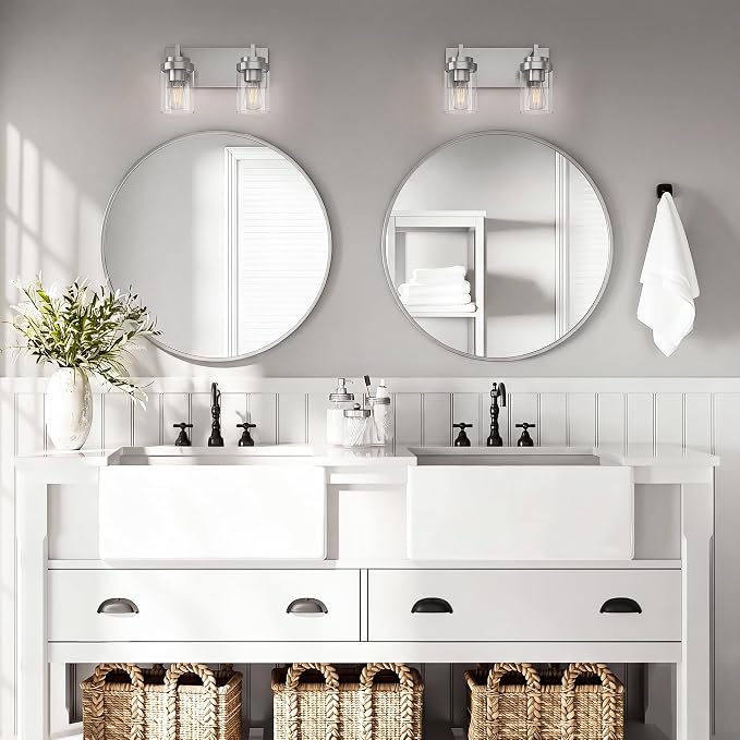 Bathroom Vanity Fixtures, 2 Light Matte Nickel Vanity Light with Clear Glass Shade, 15in Farmhouse wall Light, Lighting Fixture Over Mirror for Bathroom