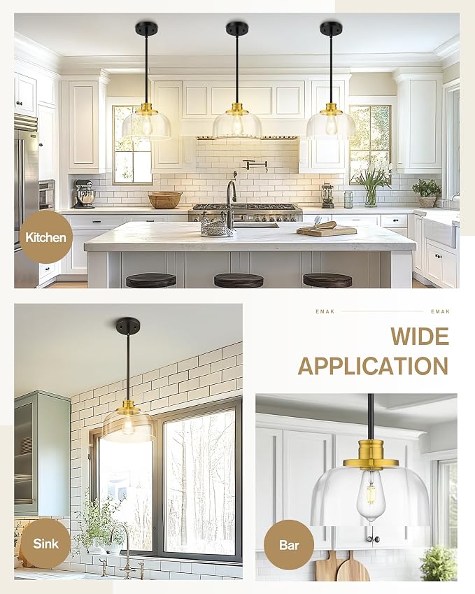 Emak Black and Gold Pendant Lights, 10 Inch Large Pendant Light Fixtures with Clear Glass Shade, Modern Farmhouse Island Lights for Kitchen, Dining Room, Bathroom, Bar, PL131-BKBGD-CG