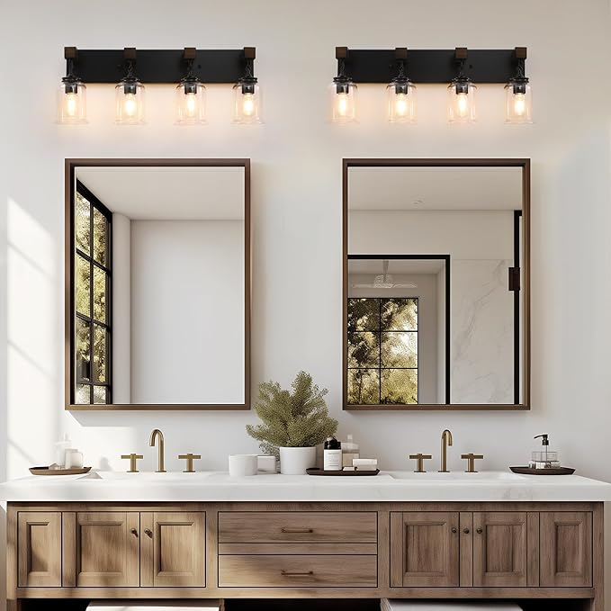 Farmhouse Bathroom Vanity Light, 4 Light Black Bathroom Vanity Light Fixtures Over Mirror, Rustic Wall Lighting with Clear Glass Shades for Living Room, Bedroom, Hallway