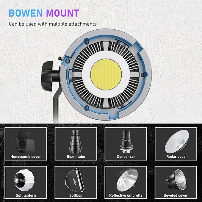 ULANZI 120W Bi-Color LED Video Light, 2700K-6500K 20700 lux/m COB Bowens Mount Photography Studio Light Continuous Output Lighting with APP Control, Adapter and V-Mount for Battery Powered, 6 Effects