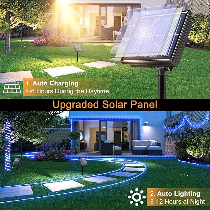33FT 135 LED Solar Rope Lights Outdoor Waterproof, Blue Solar String Lights for Outside, 8 Modes Solar Powered Fairy Light for Pool Trampoline Garden Backyard Patio Tree Party Decorations