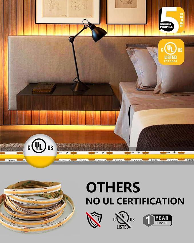 EMITEVER COB LED Strip Lights Warm White 3000K,UL 24V,32.8ft 4800LEDs | Ra 90+,IP30,3W/ft,305+Lumens/ft,5 Year Warranty(Power Supply Sold Separately)for bedroom,living room,kitchen