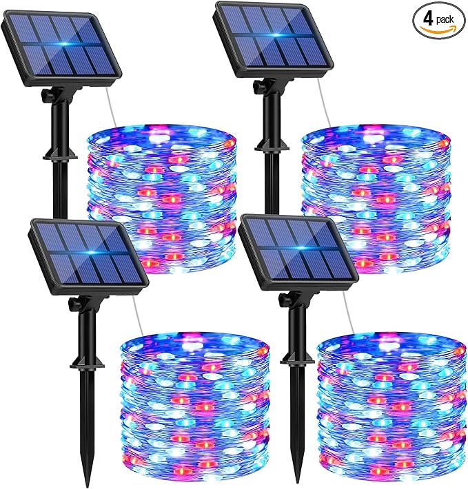 btfarm 4 Pack Red White and Blue Solar Fairy Lights | 4th of July Solar String Lights Outdoor Waterproof, 320LED 132FT Memorial Independence Day Patriotic for Tree Garden Patio