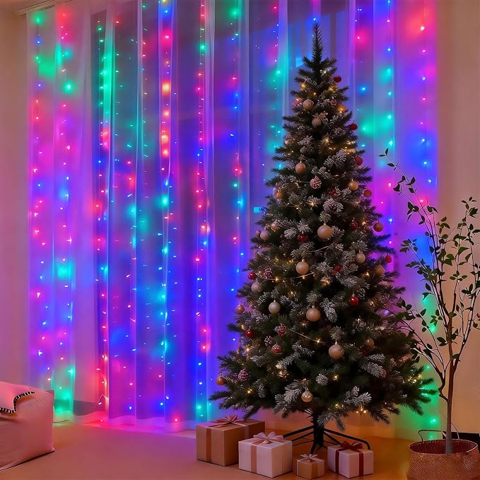 300LED Fairy Curtain Lights 9.8ft x 9.8ft LED Dimmable Twinkle Lights | with Remote and Timer USB Plug in 8 Modes String Lights for Bedroom Indoor Outdoor Party Christmas Decor, Multicolor