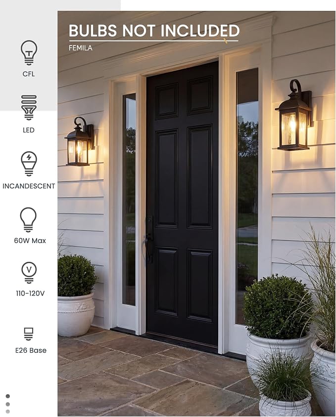 FEMILA Exterior Wall Sconce, 2 Packs Outdoor Waterproof Wall Lights Fixture, E26 Socket Wall Lantern for Porch, Anti-Rust Matte Black Finish with Seeded Glass Lampshade, 4FD54B-2PK BK