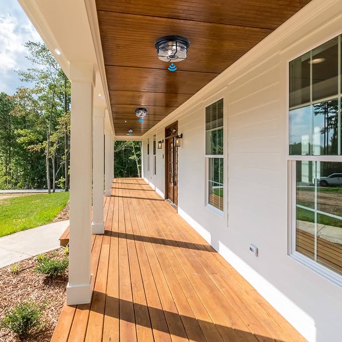 CALOKES Motion Sensor Outdoor Flush Mount Ceiling Light - Sleek Round Exterior with Seeded Clear Glass - Perfect for Front Porch, Garage, Entryway