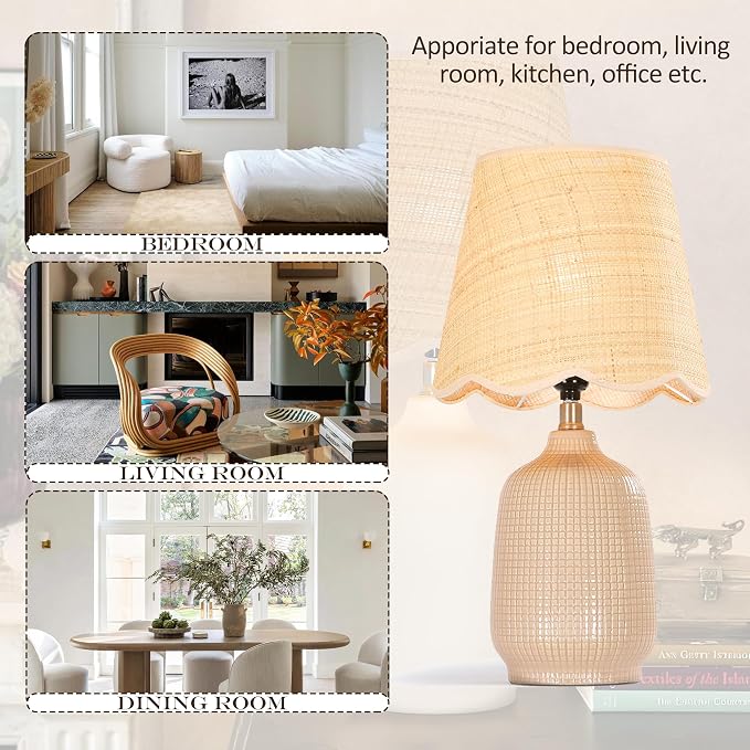 19" Modern Ceramic Table Lamp for Living Room Gray Camel Base Desk Lamps for Bedroom Farmhouse Bedside Nightstand Lamp End Table Lamps,Pink,Rattan Shade