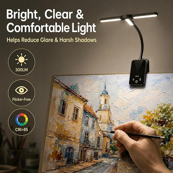 2 Pack Clip-On Easel Light, Rechargeable Artist Lamp for Painting | Flexible Arm Reading Light with 4 Color Modes & 3 Brightness, Music Stand Light, for Piano Bed Reading Desk Puzzle