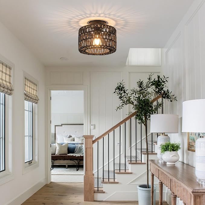 Rattan Ceiling Light, Black Flush Mount Ceiling Light, Boho Light Fixture for Bedroom Kitchen Hallway Entryway, 1 Light