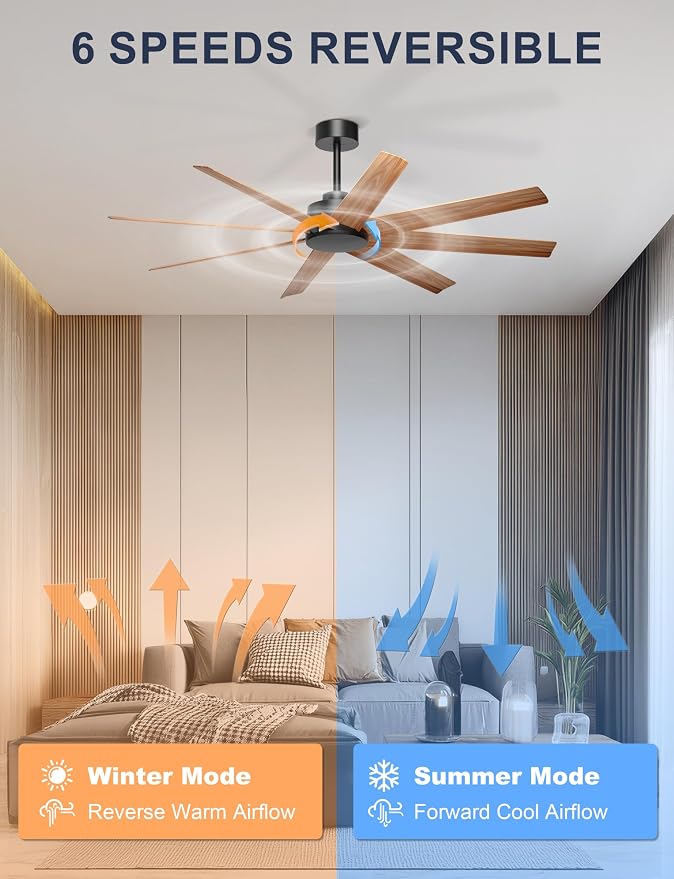 Ohniyou 60" Modern Farmhouse Ceiling Fan No Light for Patio, Porch, Deck | Remote/App Control, Quiet DC Motor, Covered Outdoor Fan with 8 ABS Blades, Black and Wood Color