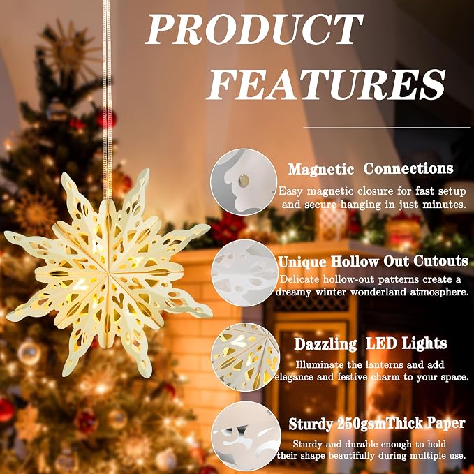 12Pcs Christmas Paper Snowflake Lantern with LED Light, Christmas Paper Star Lantern White Beige Khaki Hanging Hollow Snowflake Lantern for Xmas Holiday Wedding Frozen Birthday Party Home Winter Decor